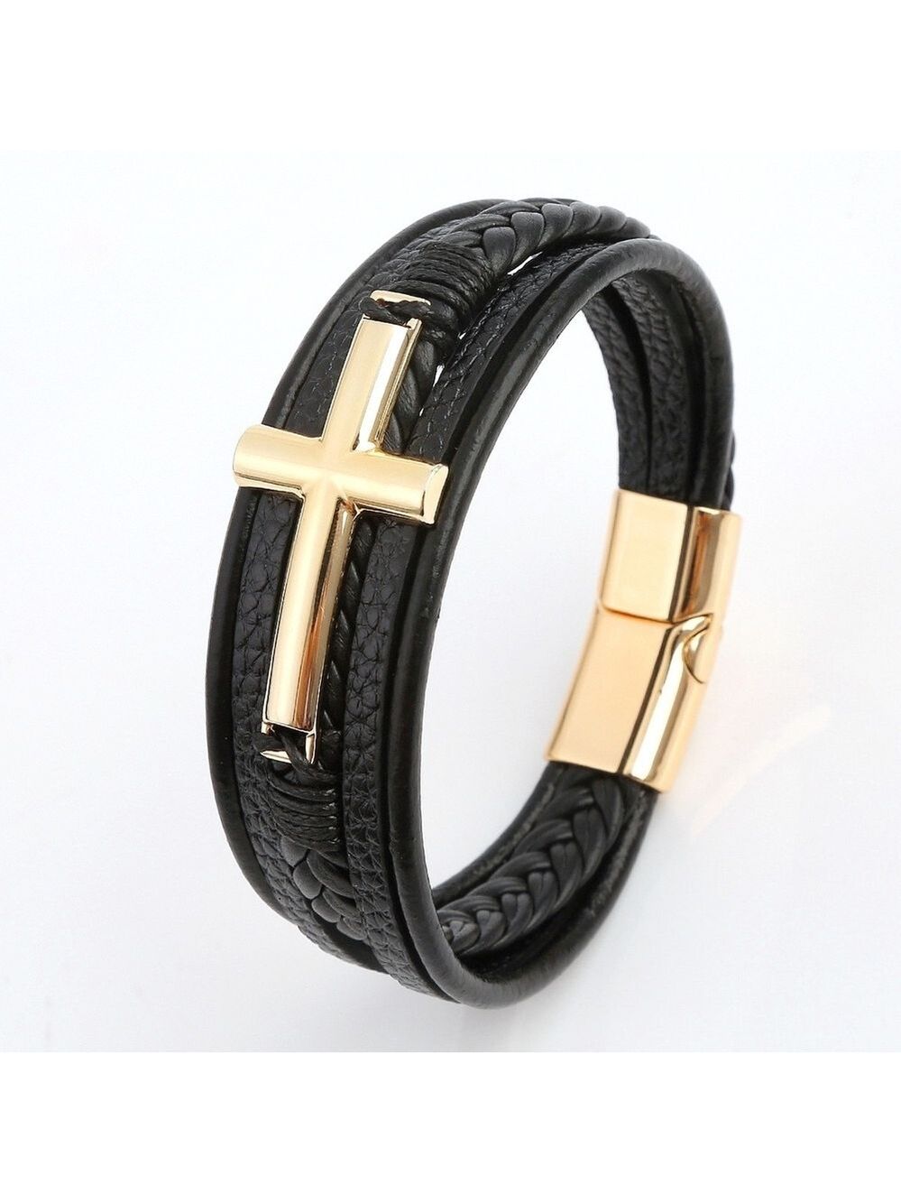 Elegant Men's Black Leather Bracelet with Gold Cross New
